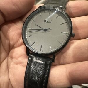 Works Bolisi 40mm Mens Thin Watch Black Leather Band Quartz Analog New Battery